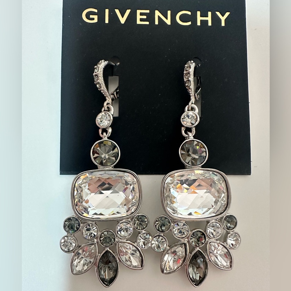 New Givenchy Silver Chandelier Earrings with Crystal Drops